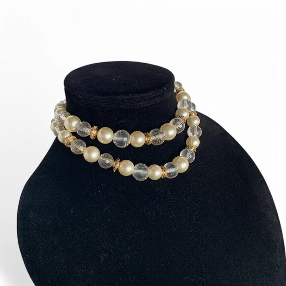 Vintage Marvella 1950's Double-Strand Faux Pearl Crystal Bead Necklace Bow Clasp - Picture 4 of 5